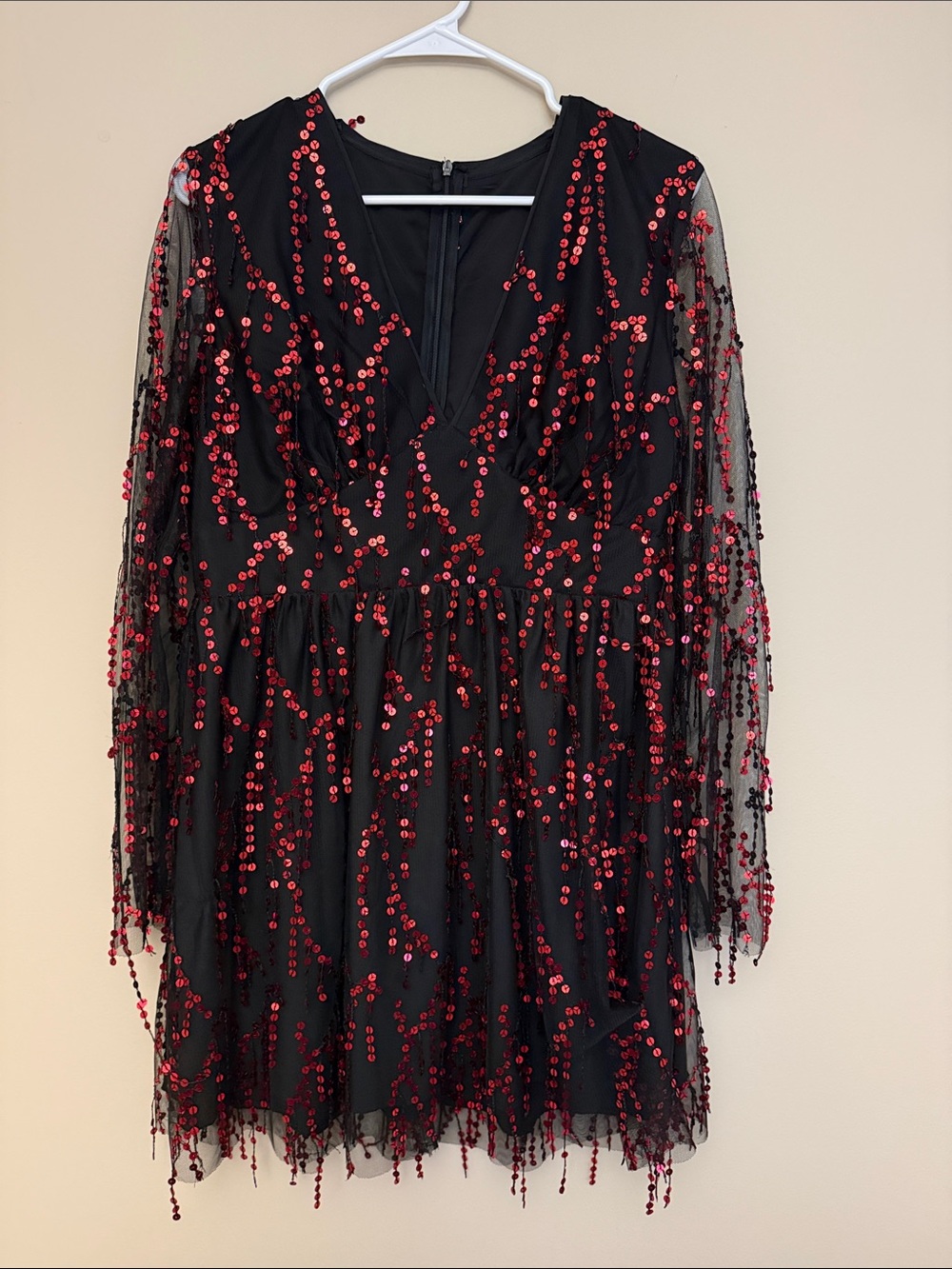 Never worn VENUS Black Long-Sleeve Mini Dress with Red Sequins